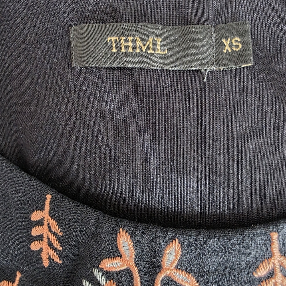 THML Embroidered Boho Dress XS Black Sleeveless Lined Mini Floral Tribal Flowy - Picture 8 of 10